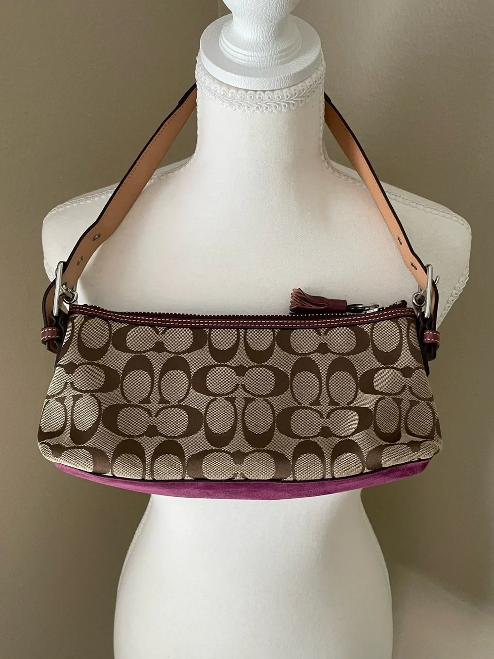 Vintage Coach 7039 Signature Stripe Suede Demi Baguette Shoulder Bag